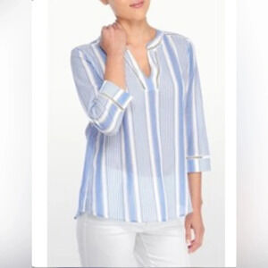 NYDJ Blue Vertical Stripe Blue V-neck 100% Cotton Blouse 3/4 Sleeve Size S NWT